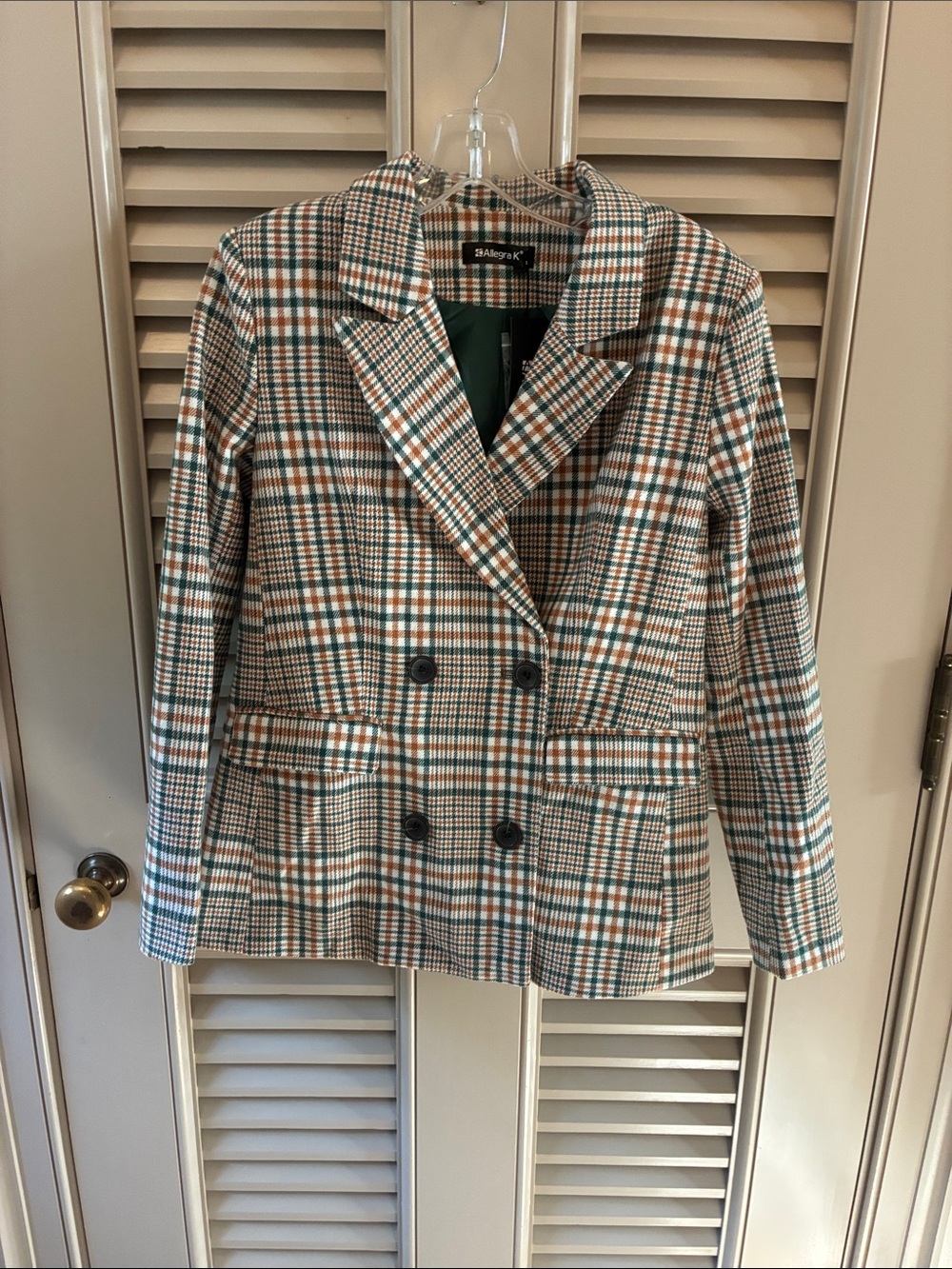 Allegra K Cream and Green Plaid Double-Breasted Blazer